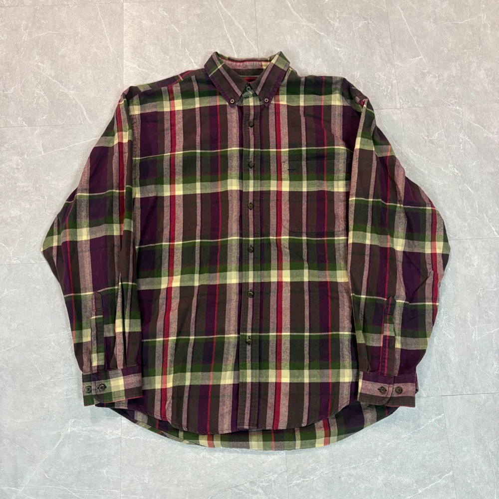 Eddie Bauer Mens Large Purple Green Plaid Flannel Button Down Shirt Cotton L/G
